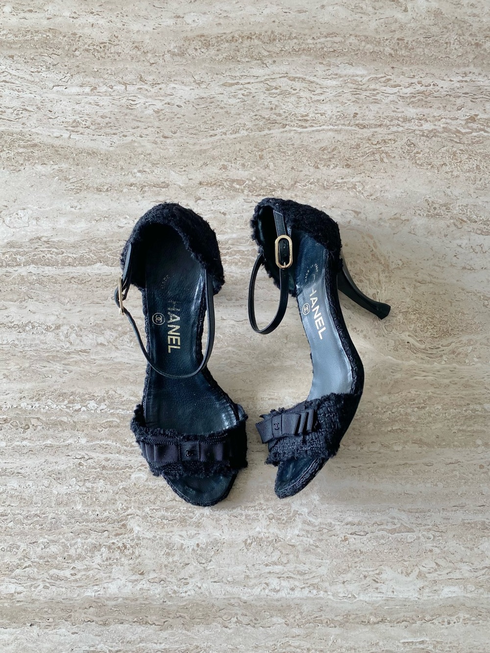 Vintage Chanel Boucle CC Bow Ankle Strap Sandal Heels